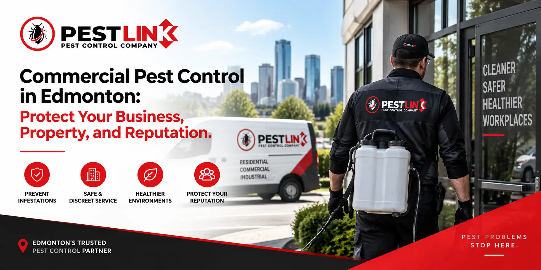 Pest control technician inspecting a commercial property in Edmonton.
