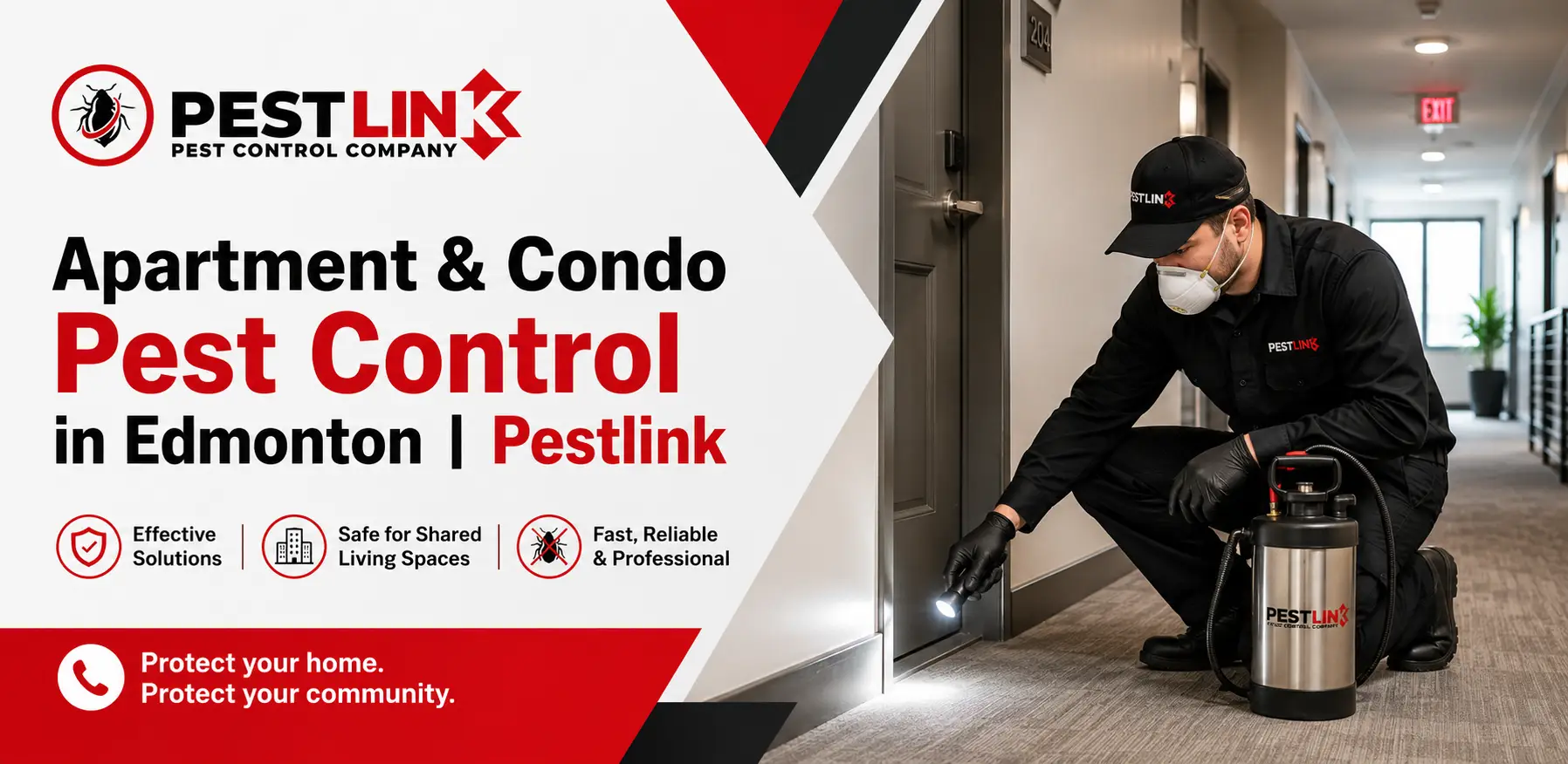 Pest control technician inspecting an Edmonton apartment building for signs of pests.